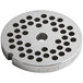 A stainless steel Avantco grinder plate with 1/4" holes.