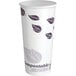 A white EcoChoice paper hot cup with purple leaf print.