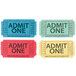 A group of Carnival King "Admit One" tickets in blue, green, red, and yellow.