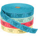 A roll of Carnival King "Admit One" tickets in blue, green, red, and yellow.
