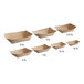 A row of brown Bagcraft Packaging paper food trays with curved edges.
