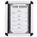 An Aarco satin aluminum snap frame with black and white border holding a menu board.
