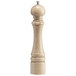A wooden pepper mill with a silver top on a white background.