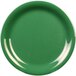 A close-up of a green Thunder Group melamine plate with a white narrow rim.