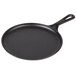 A black Lodge cast iron round pan with a handle.
