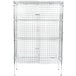 A white metal Regency security cage with wire mesh and three shelves.