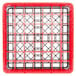 A gray plastic rack with a grid pattern and red extenders.