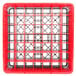 A gray plastic glass rack with a grid of squares and red extenders.
