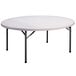 A Correll white round folding table with metal legs.