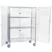 A Regency chrome wire security cage on wheels with three shelves.