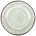 A close-up of a Carlisle Jade melamine bread and butter plate with a brown rim and white swirly circle on a green background.