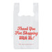 A white plastic Choice t-shirt bag with red "Thank You" text.