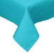 A teal square poly/cotton blend table cover.