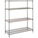 A Metroseal 3 stationary metal shelving unit with three shelves.