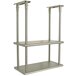 A stainless steel ceiling mounted shelf with two shelves and two metal rods.