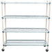 A white MetroMax shelving unit with rubber casters.