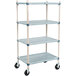 A white and grey MetroMax Q three tiered metal shelving unit with rubber casters.