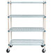 A black and silver metal MetroMax shelving unit with rubber wheels.