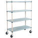 A MetroMax Q three tiered metal shelving unit with rubber casters.