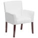 A white Flash Furniture leather reception chair with wooden legs.