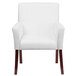 A white Flash Furniture leather reception chair with mahogany legs.