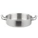 A silver Vollrath Miramar brazier pan with handles.
