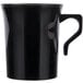 A black plastic coffee mug with a handle.