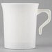 A Visions ivory plastic coffee mug with a handle on a grey surface.