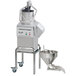 A Robot Coupe commercial food processor with a metal stand and a funnel.