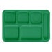 A Cambro kelly green rectangular tray with 6 compartments.