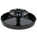 A black round tray with a ruffled edge on a pedestal.