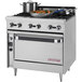 A large stainless steel Blodgett gas range with pans of vegetables on it.