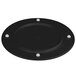 A black Elite Global Solutions melamine plate with holes on a pedestal.