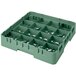 A green Cambro plastic glass rack with 16 compartments.