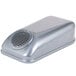 A silver metal rectangular vent cover with a small hole.