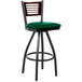 A BFM Seating bar stool with a green vinyl swivel seat and black metal frame.