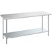 A long metal Steelton stainless steel work table with a shelf.