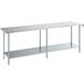 A long stainless steel work table with undershelf.