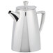 A silver stainless steel coffee pot with a lid and a handle.