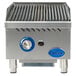 A Globe gas charbroiler with blue knob controls and a handle.