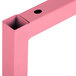 A pink metal corner leg assembly with a hole in the middle.