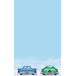 A white menu paper insert with retro themed blue and green classic cars parked under a blue sky with clouds.