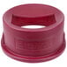 A red San Jamar plastic lid with a hole in the center.