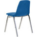 A blue plastic National Public Seating chair with chrome metal legs.