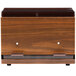 A dark walnut woodgrain double sided straw dispenser with two doors and two drawers on a wood surface.