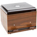 A dark walnut woodgrain box with a lid on a table.