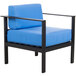 A black aluminum BFM Seating armchair with blue cushions.