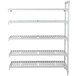 A white metal Cambro Camshelving® Premium add on unit with 4 shelves.