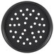 An American Metalcraft black hard coat anodized aluminum pizza pan with holes in it.