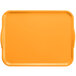 A mustard rectangular Cambro fiberglass tray with handles.